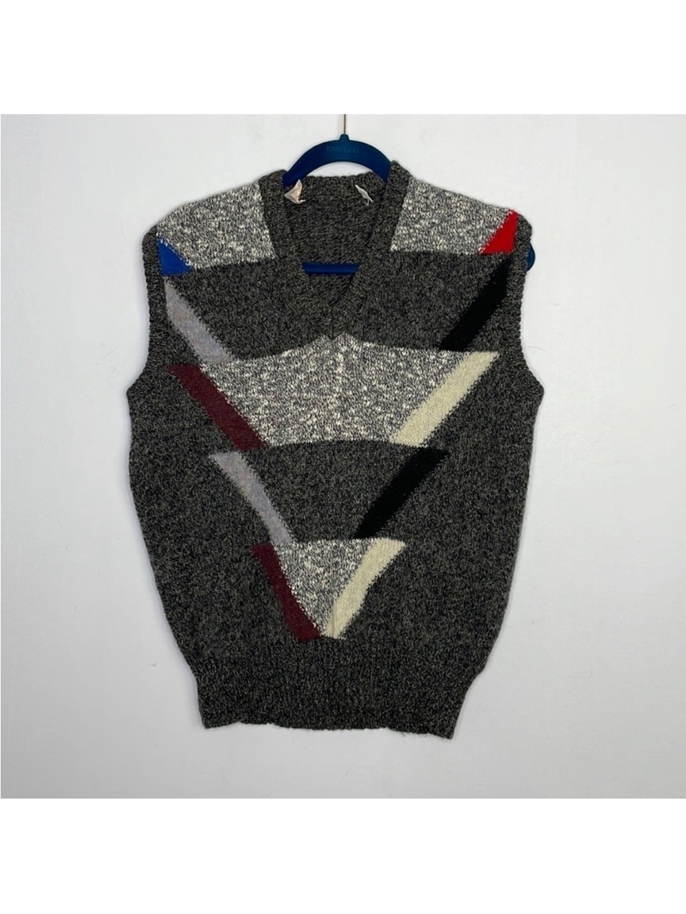 Vintage Women's Grey Patterned V-Neck Sweater Vest with Red & Blue Accents